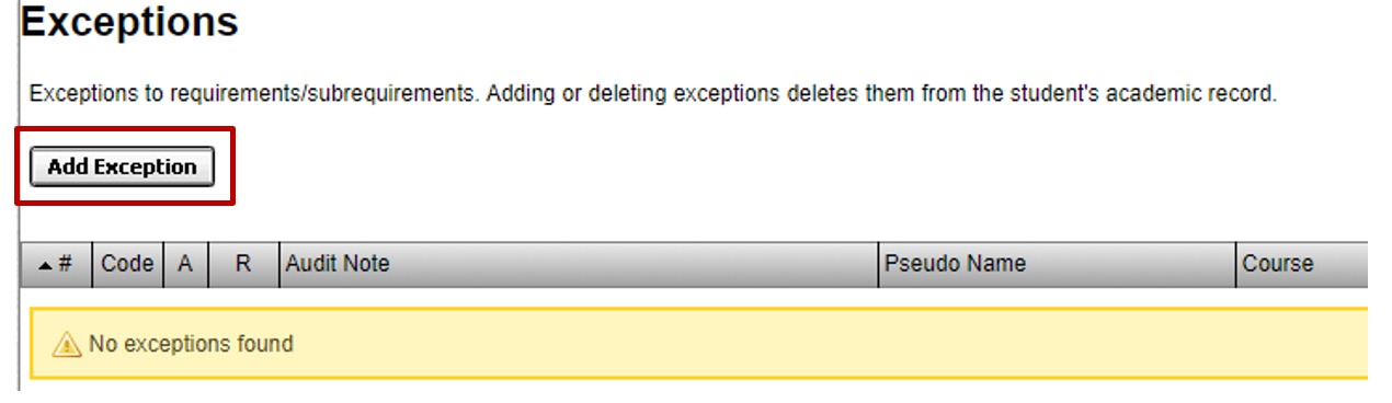 "add exception" button
