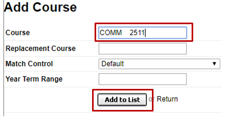screenshot showing text field to enter course number and the "add to list" button