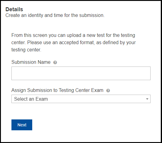 The exam selection section with options to enter a new submission name.