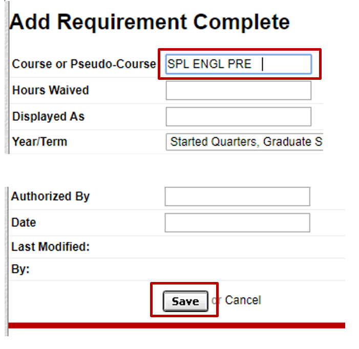 screenshot of text box to enter pseudo-course and the save button