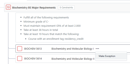 The Biochemistry BS Major Requirements constraints are shown where the first item listed is to "Fulfill all of the following requirements" and 13 courses are needed. The BIOCHEM 5613 course option menu is open and "Make Exception" selected.