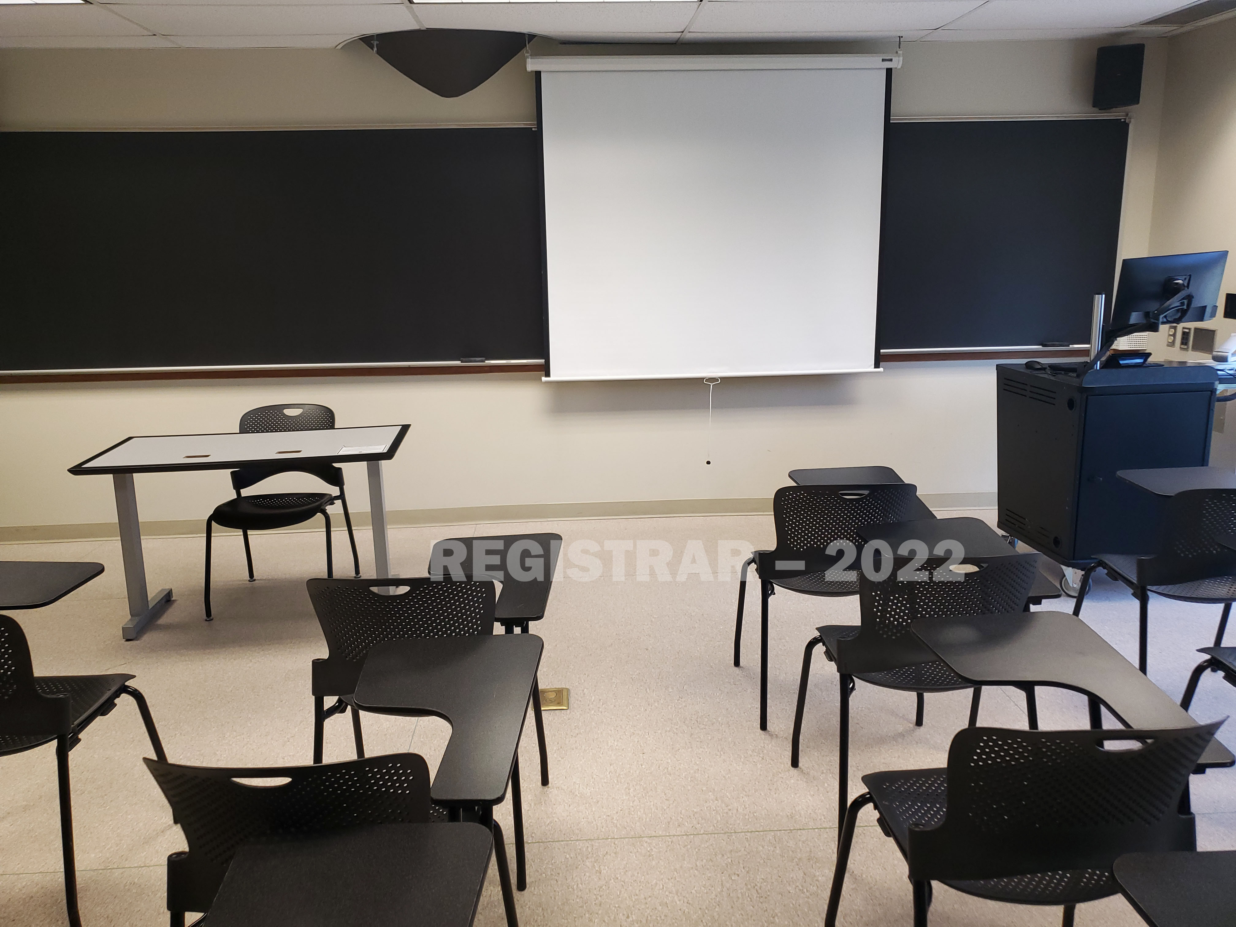 Enarson Classroom Building room 306 ultra wide angle view from the front of the room