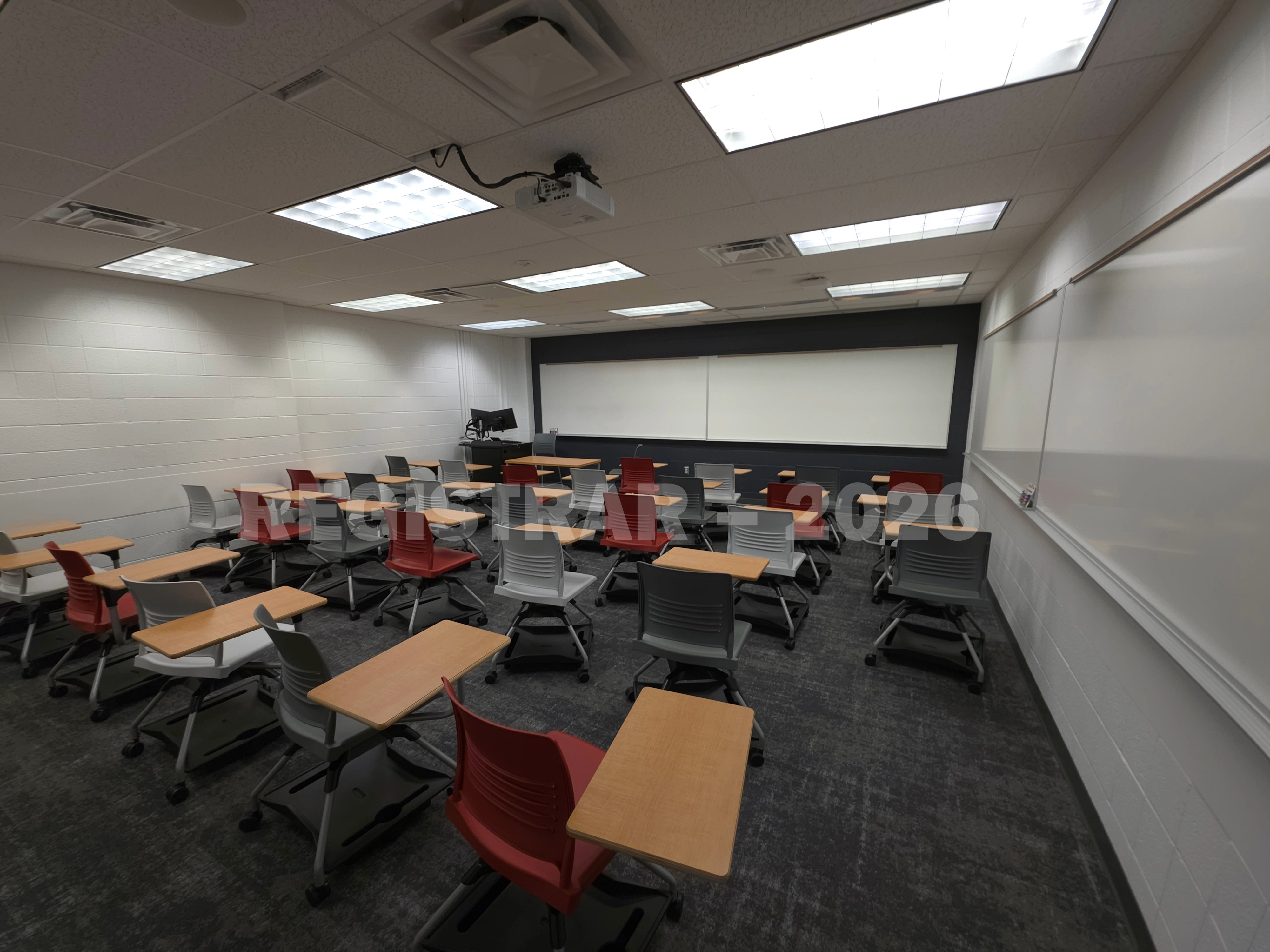 University Hall room 43 ultra wide angle view from the back of the room