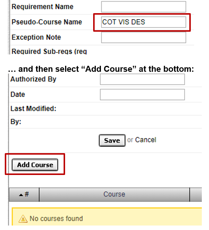 screenshot showing text field for pseudo-course name and the save button