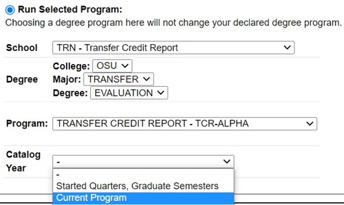 Image lists out each selection needed to run a transfer credit report.