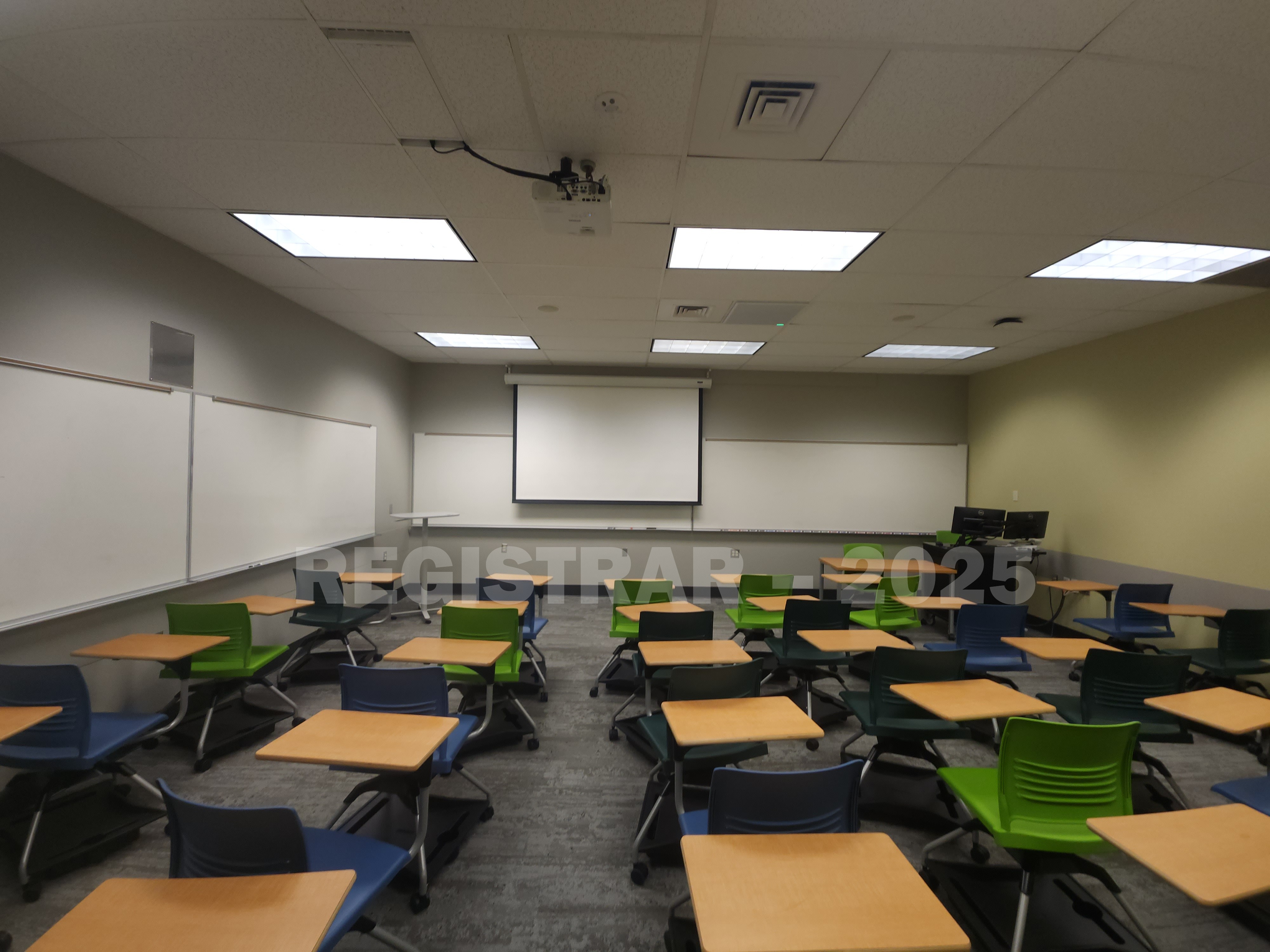 Mendenhall Laboratory room 174 ultra wide angle view from the back of the room with projector screen down