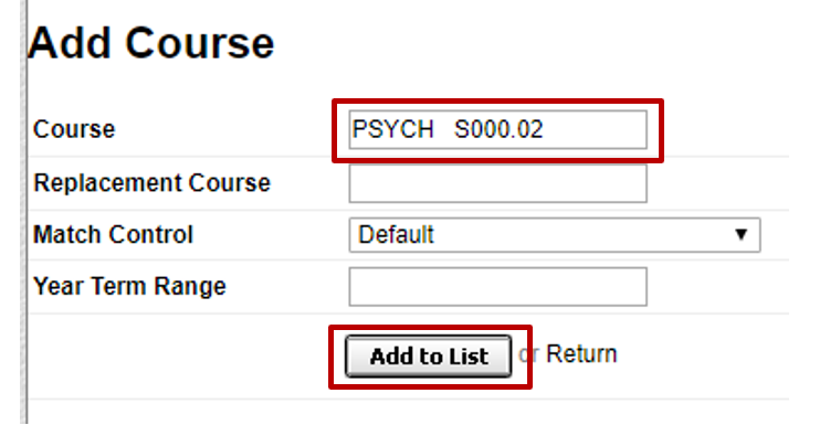 screenshot showing text field to enter course and the "add to list" button
