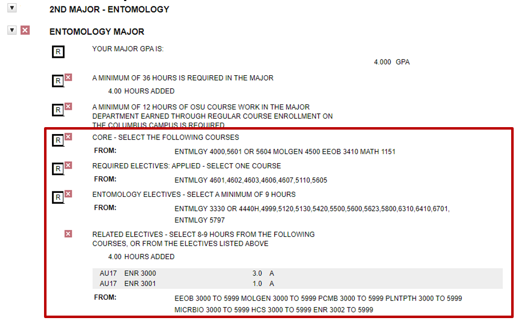 Screenshot of degree audit showing Entomology Major requirements
