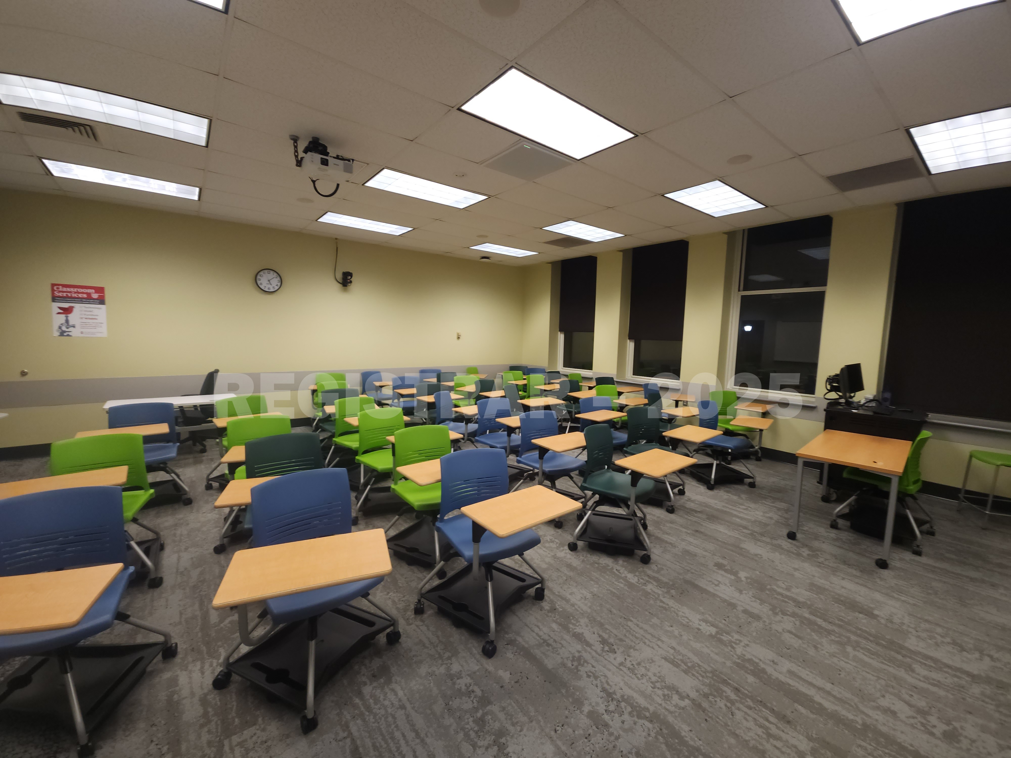 Mendenhall Laboratory room 175 ultra wide angle view from the front of the room