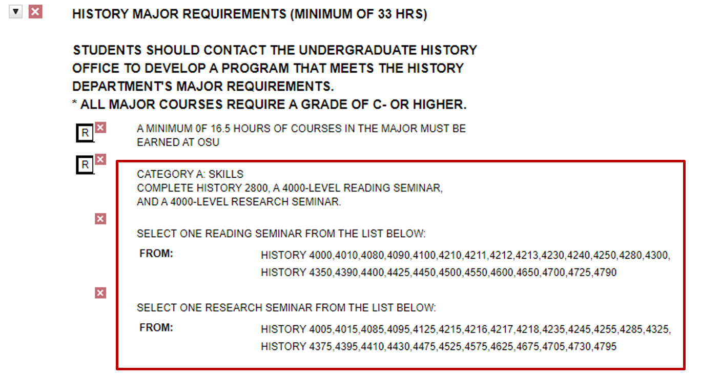 Screenshot of degree audit showing History major requirements