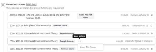 A list of courses from the Unmatched courses section of the audit. A menu is open next to a repeated course that is in progress with the option to Count This Course.