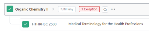 The Organic Chemistry II requirement is now complete and there is a red box that says "1 Exception."