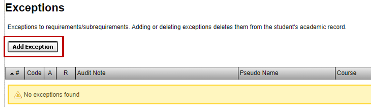 "add exception" button
