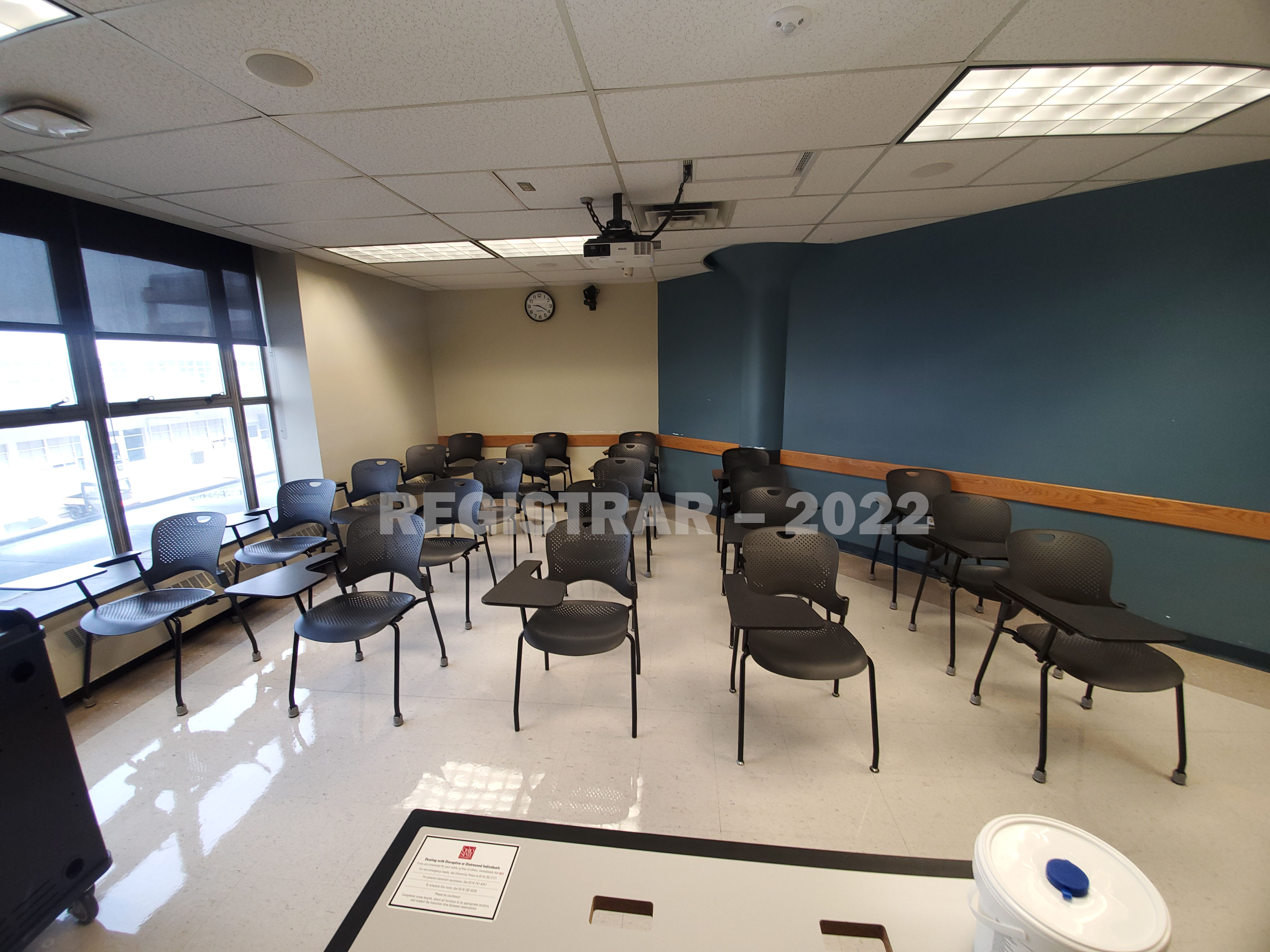 Enarson Classroom Building room 238 ultra wide angle view from the front of the room