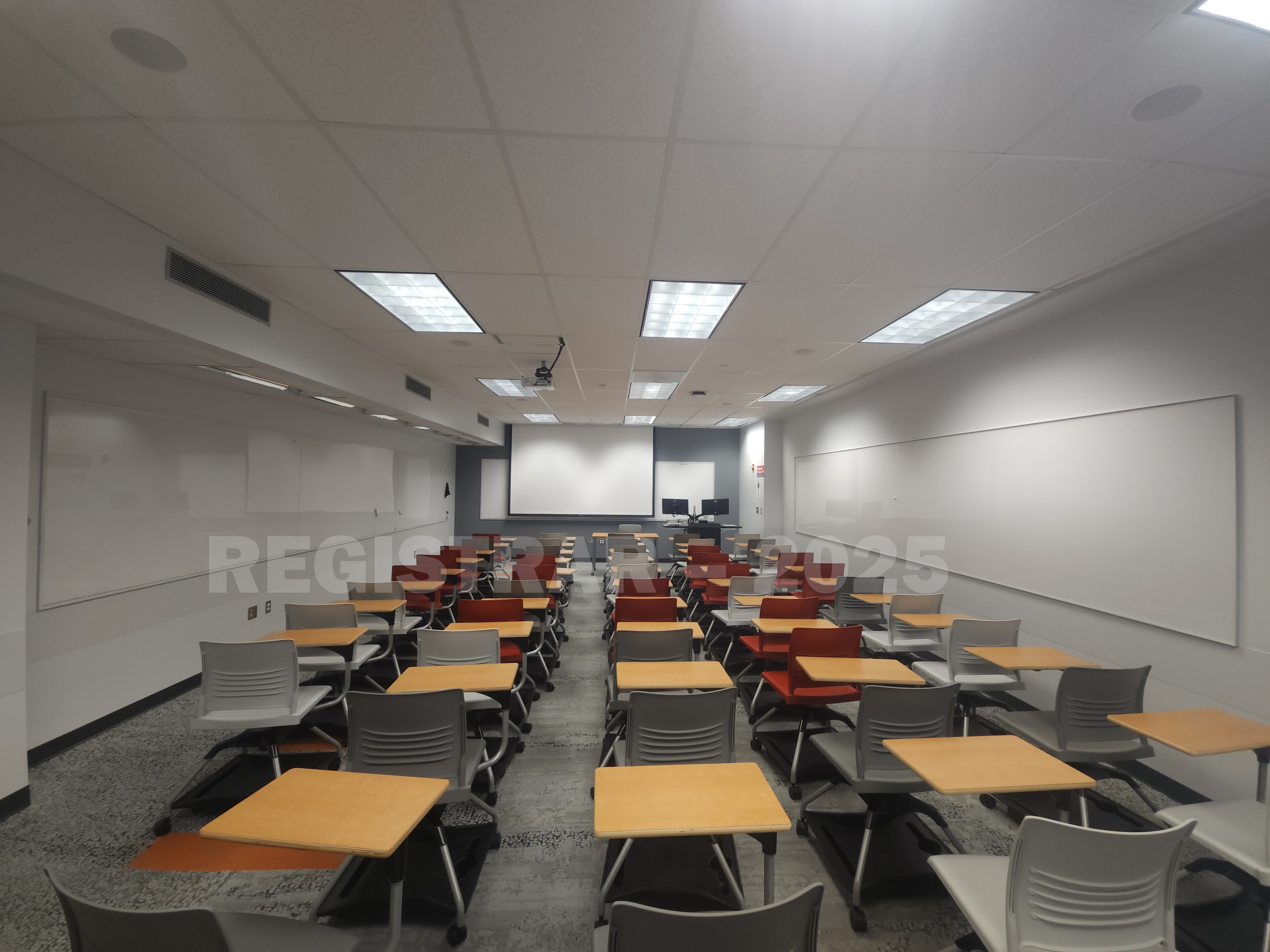 McPherson Chemical Lab room 2017 ultra wide angle view from the back of the room with the projector screen down