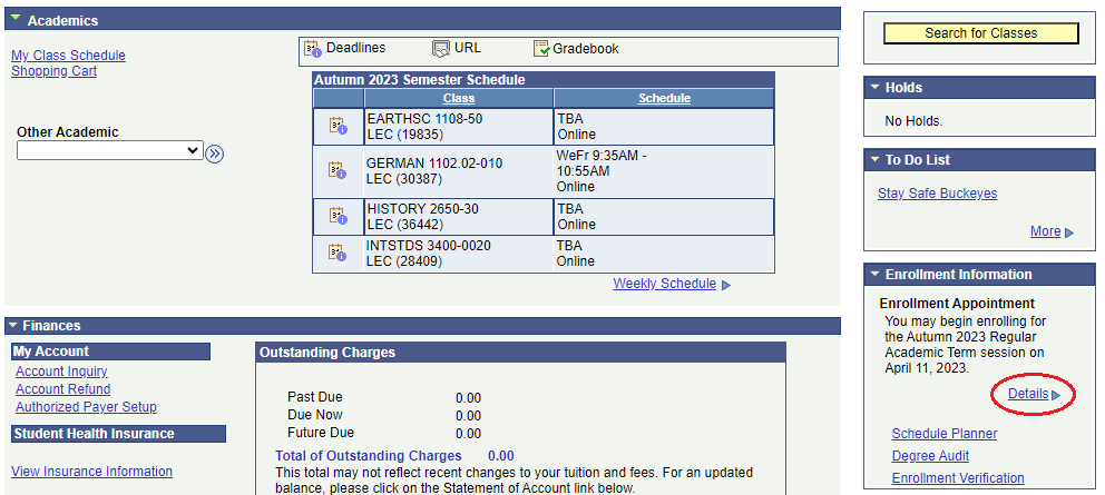 Screenshot image of Enrollment Information Details link location.