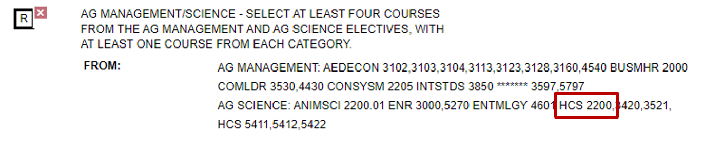 screenshot of example degree audit before exception