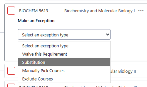 The incomplete BIOCHEM 5613 exception options are open with "Substitution" selected.