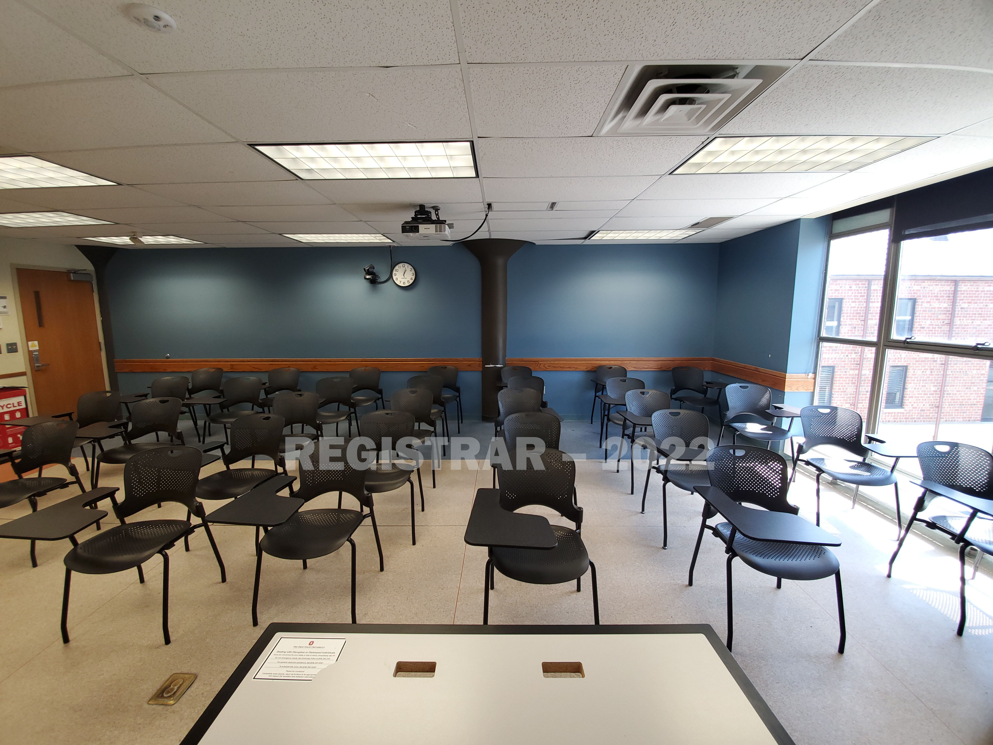 Enarson Classroom Building room 358 ultra wide angle view from the front of the room
