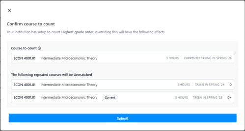 A menu entitle Confirm course to count. This lists the in progress course as the course to count and the completed courses as courses to move to unmatched.