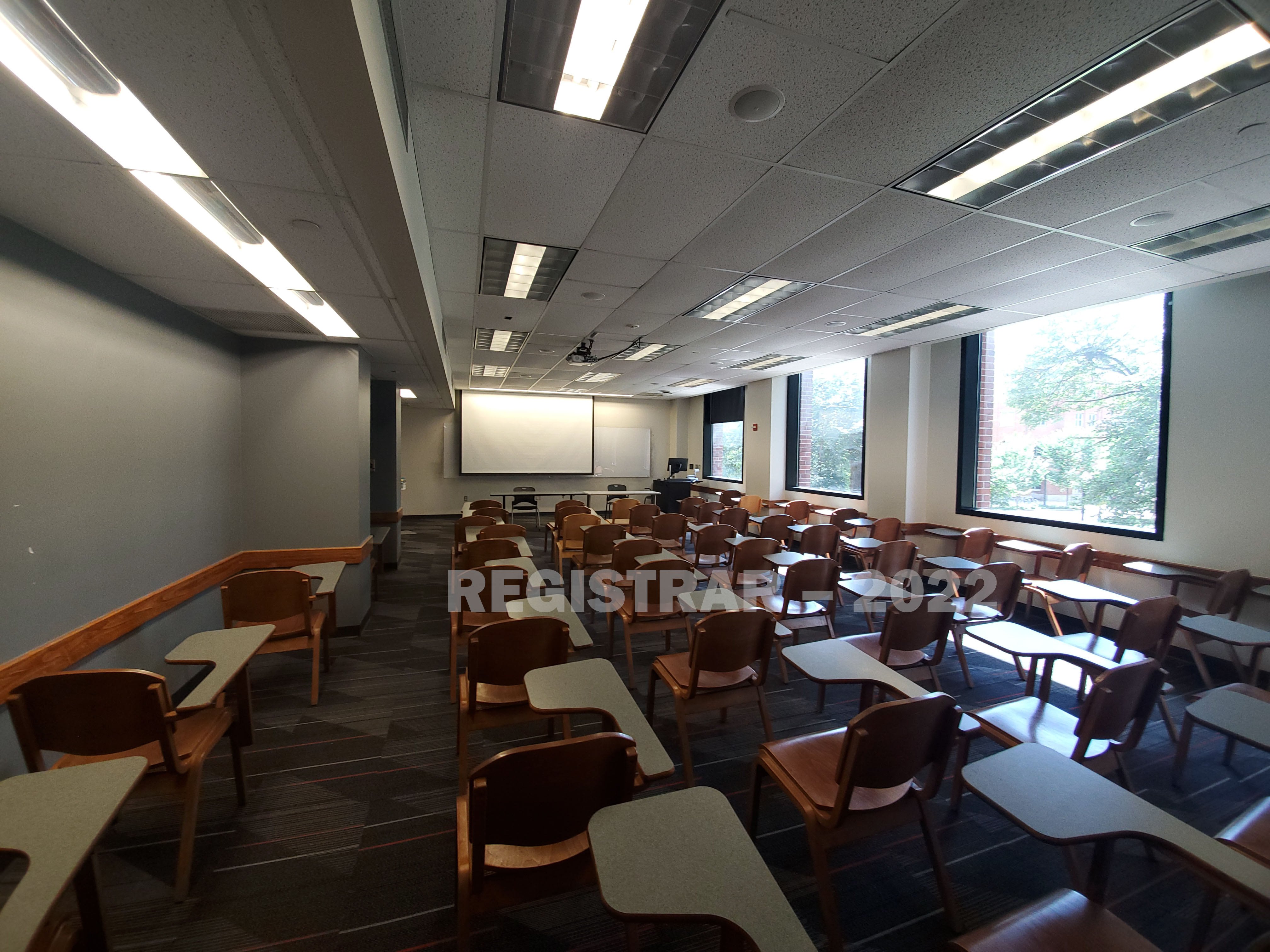 McPherson Chemical Lab room 2019 ultra wide angle view from the back of the room with projector screen down