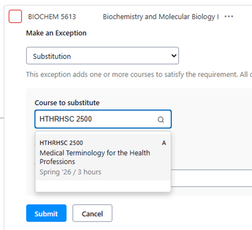 Entering HTHRHSC 2500 into the Substitution menu for BIOCHEM 5613.
