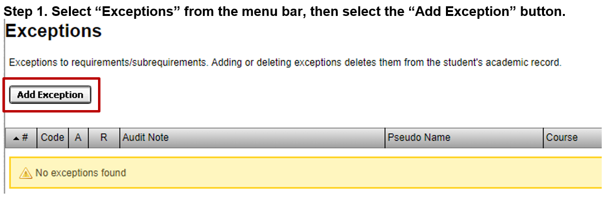 Screenshot of "add exception" button