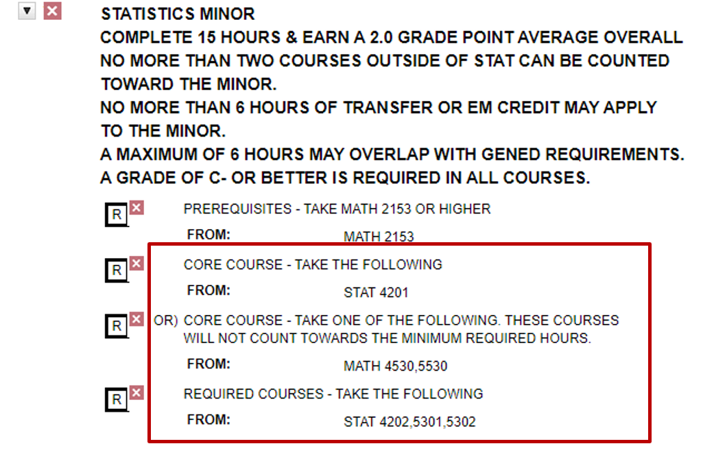 Screenshot showing Statistics Minor requirements in degree audit