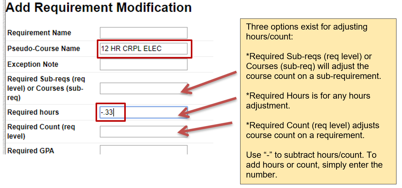 screenshot of fields to enter pseudo course and hours to adjust
