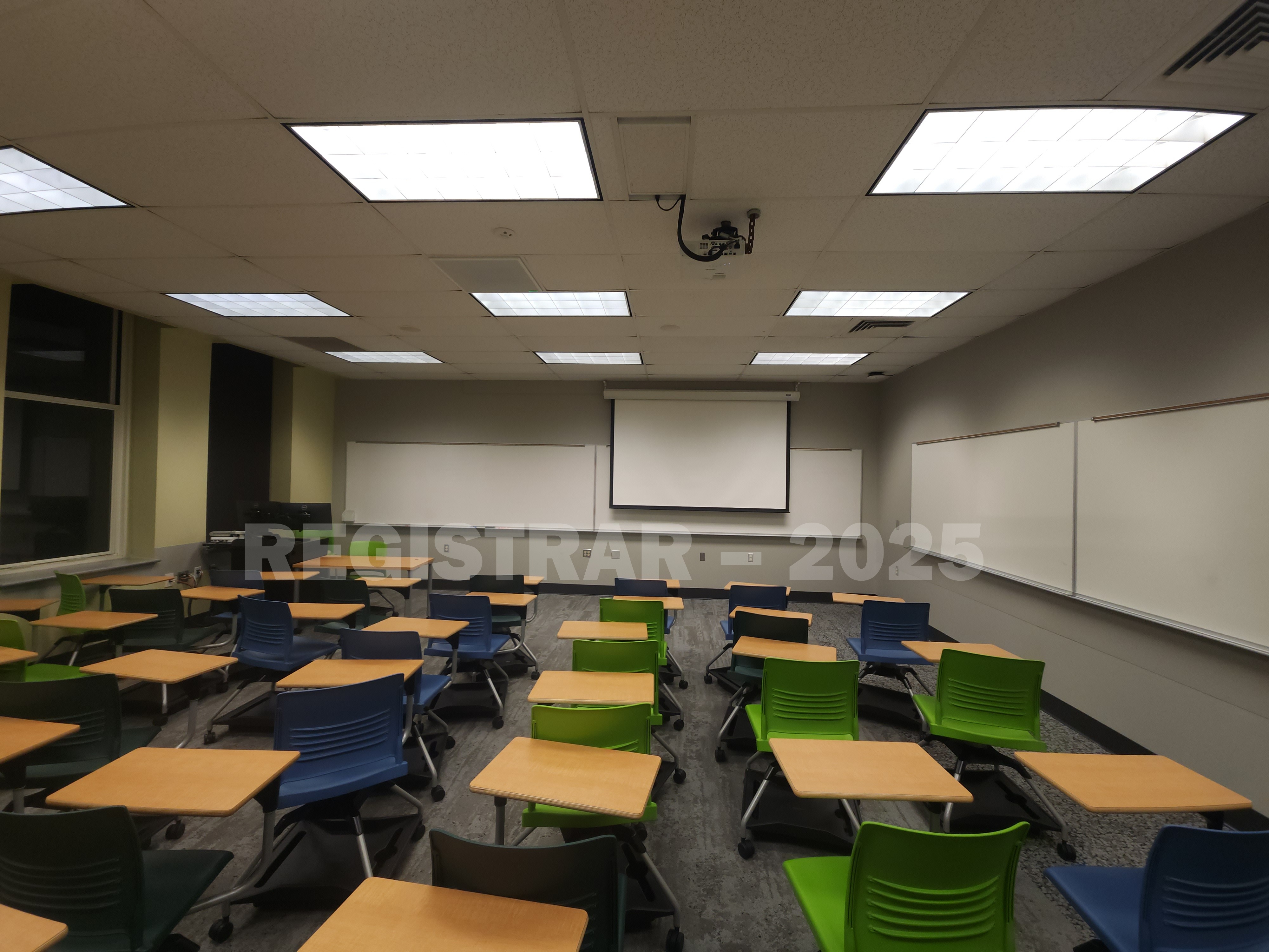 Mendenhall Laboratory room 175 ultra wide angle view from the back of the room with projector screen down