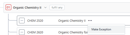 The CHEM 2520 course option menu is open and "Make Exception" selected.