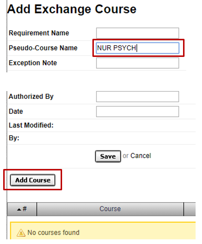 screenshot of text field to enter pseudo course name and "add course" button