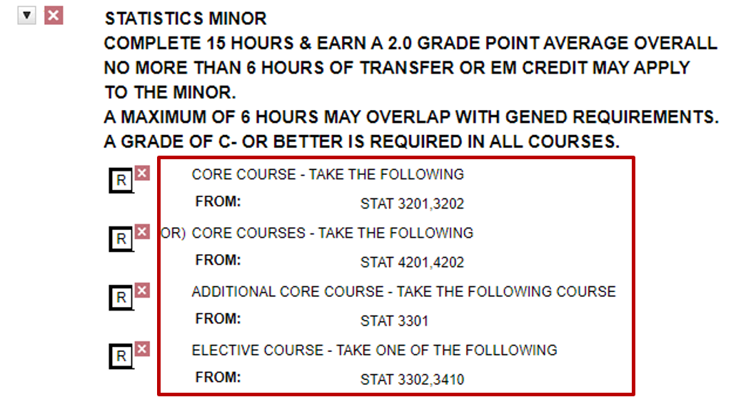 Screenshot showing Statistics Minor requirements after exception is made