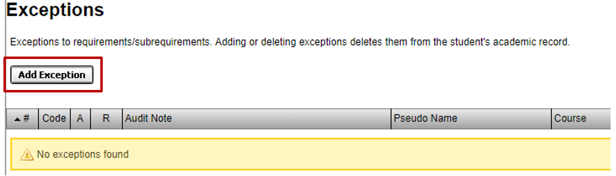 screenshot showing "add exceptions" button