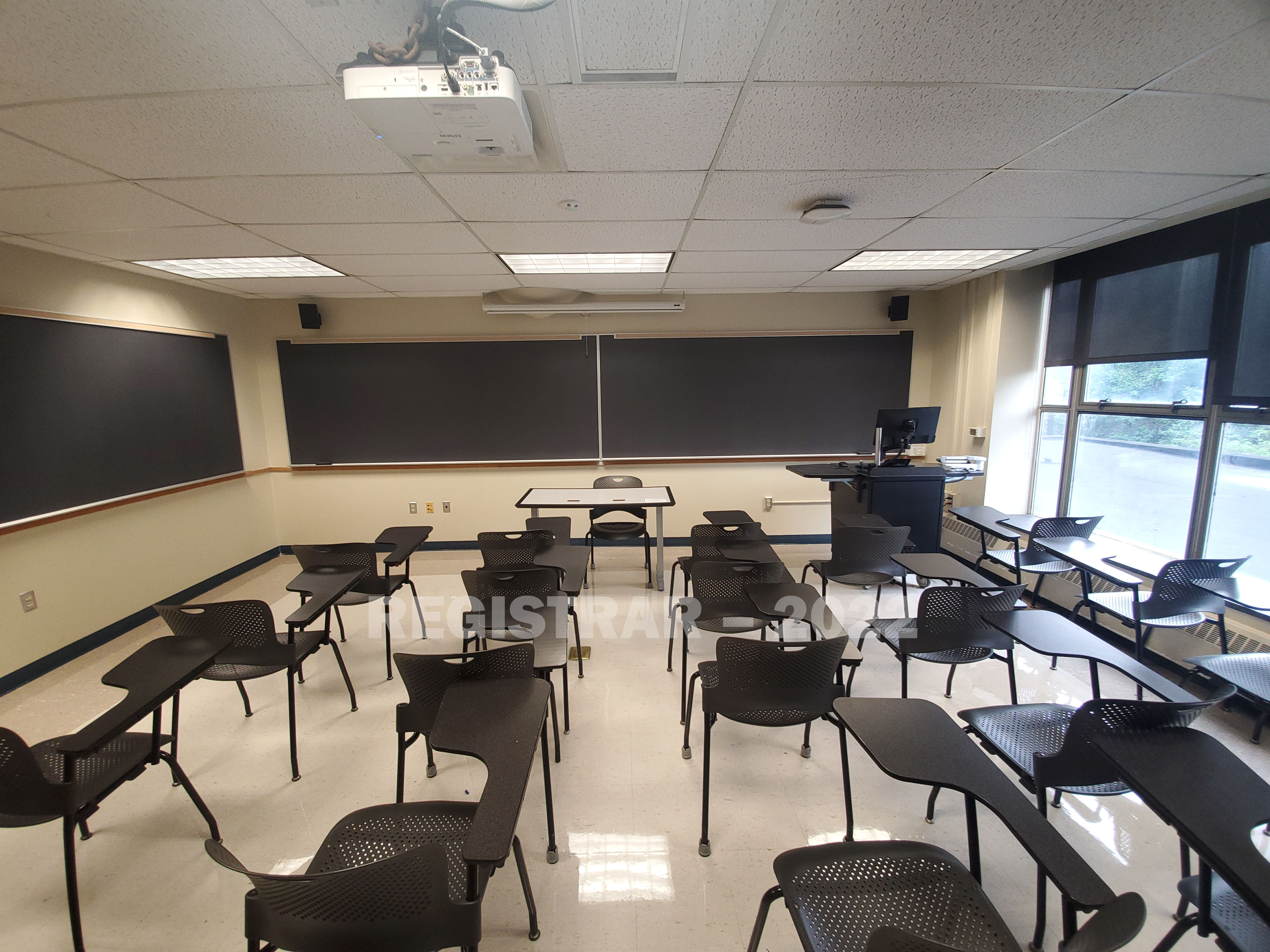 Enarson Classroom Building room 214 ultra wide angle view from the back of the room