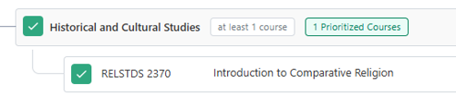 RELSTDS 2370 is now completing the Historical and Cultural Studies GE with a note in a green box that 1 course was prioritized.