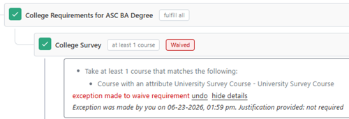 The College Survey requirement is now complete and there is a red box that says "Waived."