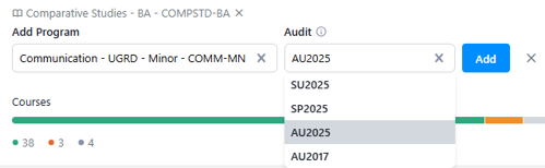 A book icon is shown labeled "Comparative Studies - BA - COMPSTDS-BA". Under that, it says "Add program" and shows "Communication - UGRD - Minor - COMM-MN" selected. Another selection box has opened labeled "Audit" with a drop-down menu showing SU2025, SP2025, AU2025, AU2017. A blue button labeled "Add" is shown as well.