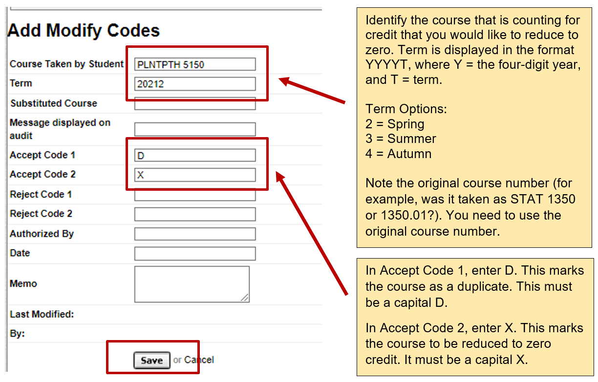 screenshot of text fields to enter course, term, and condition code