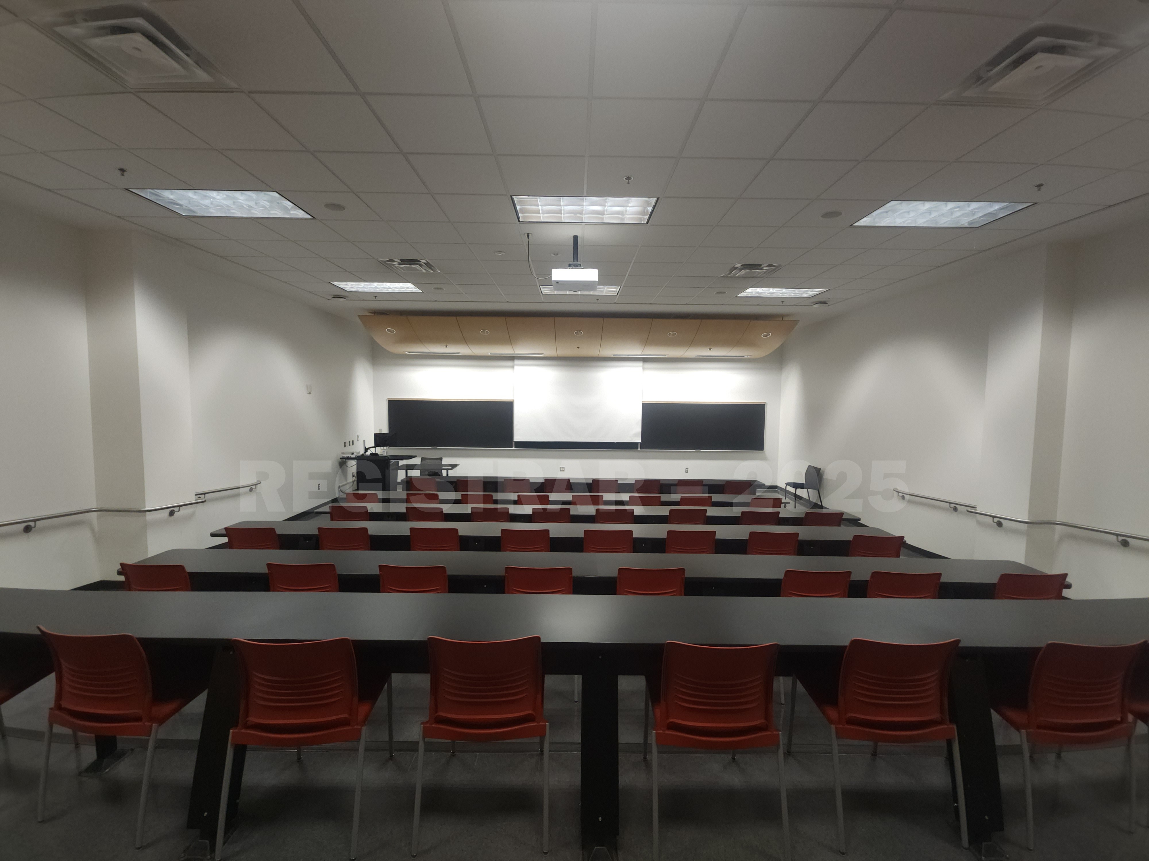 Scott Lab room North 48 ultra wide angle view from the back of the room with projector screen down