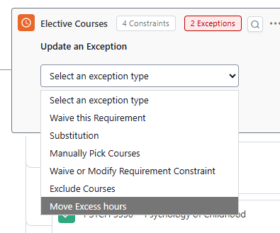 The exception options are open with "Move Excess hours" selected.