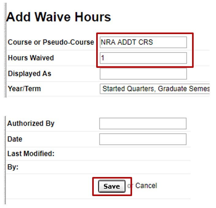 screenshot of text fields to enter pseudo course and hours waived