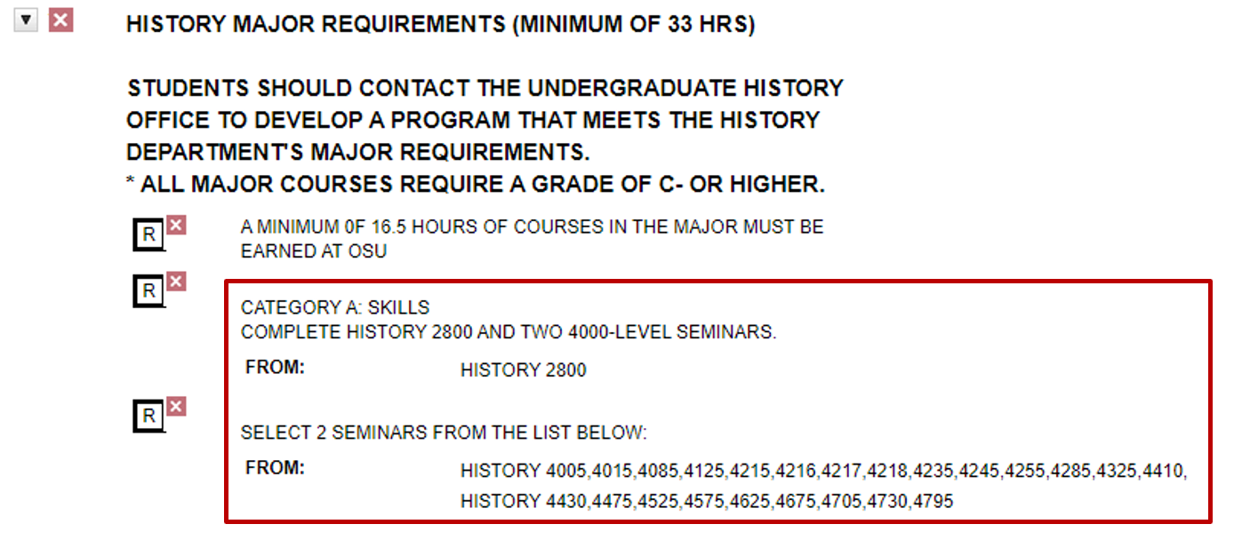 Screenshot of history major requirements after exception