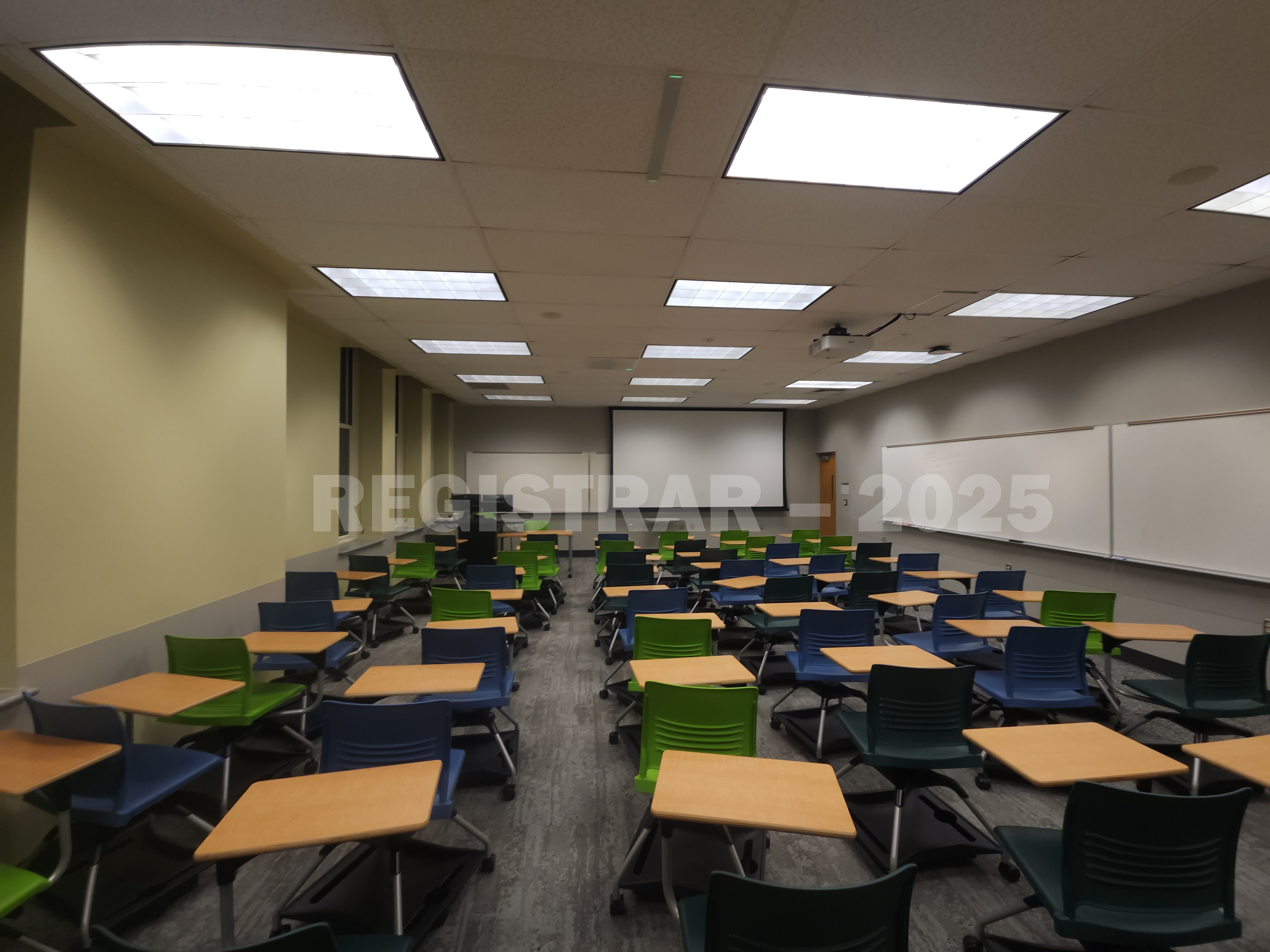 Mendenhall Laboratory room 191 ultra wide angle view from the back of the room with projector screen down