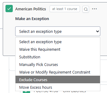 The exception options are open with "Exclude Courses" selected.