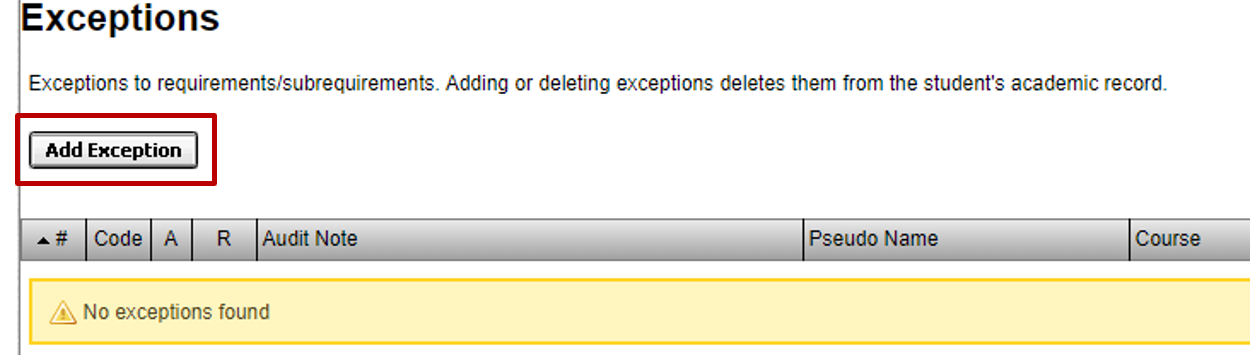 screenshot showing "add exception" button