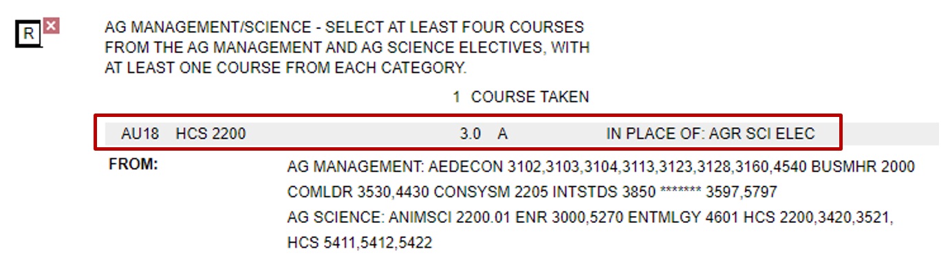 screenshot of example degree audit after the exception