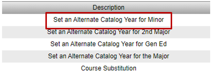 Step 2. Select “Set an Alternate Catalog Year for Minor” from list of Exception Types.