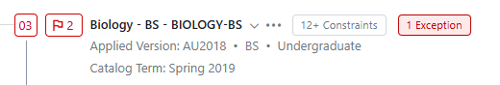 The header for the Biology BS plan is shown with a red box that says "1 exception."