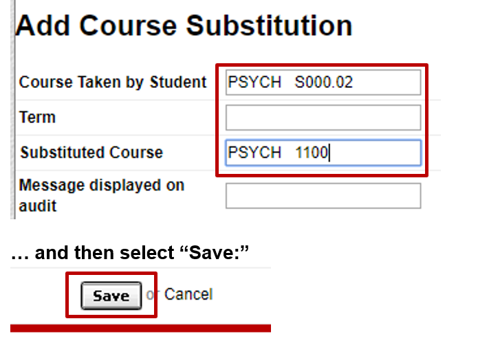 screenshot showing fields to enter course information and the save button